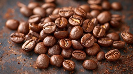 Naklejka premium Coffee beans roasted and stacked on table