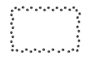Rectangular frame with pet paw print. Black silhouette of a path of dog or cat footprints . Frame with pet footprints for design of shop windows, websites, etc. Vector illustration. © Sviatlana
