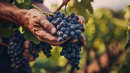 A winemaker’s hands carefully inspecting a cluster of grapes, with the vineyard in the background