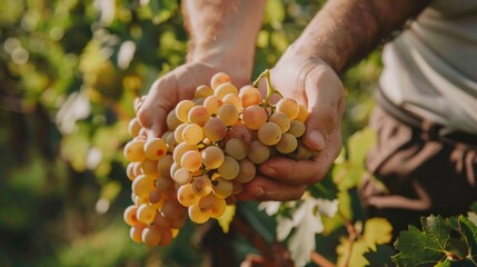 A winemaker’s hands carefully inspecting a cluster of grapes, with the vineyard in the background