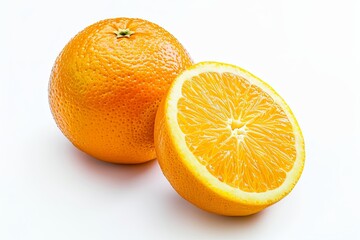 One whole and one cut orange on isolated white background, cut out