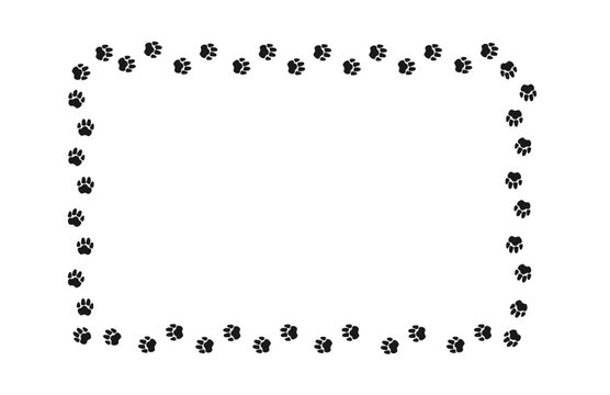 Rectangular frame with pet paw print. Black silhouette of a path of dog or cat footprints . Frame with pet footprints for design of shop windows, websites, etc. Vector illustration.