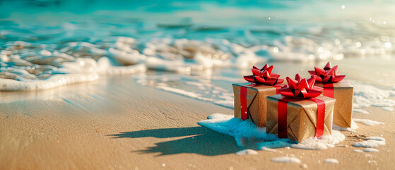 Gift boxes with red bows on a sandy beach by the ocean, during a sunny day. Concept: festive beach holiday. Businesses: travel agencies, gift shops. Relevant for Christmas, New Year, summer holidays. 