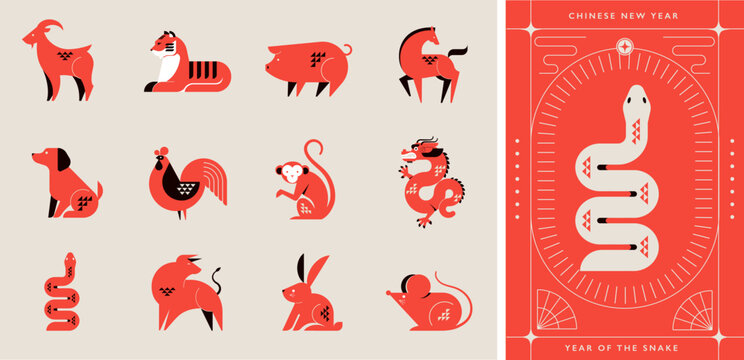 Chinese horoscope zodiac collection, geometric minimalist style. Animals symbols of Chinese New year . Set of mascots: rabbit, dragon, snake, tiger, ox, rat, pig, dog, rooster, monkey, goat, horse