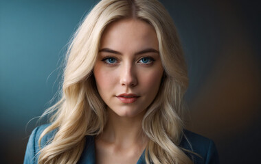Fototapeta premium Beautiful Portrait of a Blonde Girl with Blue Eyes. | Retrato hermoso de una chica rubia con ojos azules.