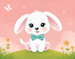 Adorable cartoon puppy wearing a green bow tie