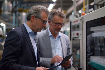 Two Businessmen Reviewing Industrial Machinery Data on Tablet in Manufacturing Plant