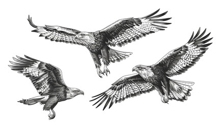 Fototapeta premium Vintage engrave isolated eagle set, illustration ink sketch, Wild falcon background hawk art, transparent background, removed background