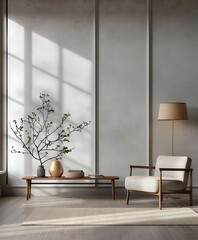 Modern nordic minimalist interior design. Aesthetic scandinavian elegant living room design. Copy space mock up. Clean walls for decoration in the apartment. Neutral palette of natural colors.