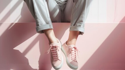 Person sitting wearing gray trousers and pink sneakers high quality image