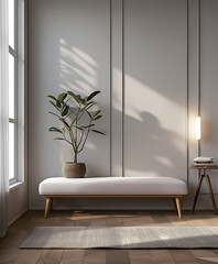 Modern nordic minimalist interior design. Aesthetic scandinavian elegant living room design. Copy space mock up. Clean walls for decoration in the apartment. Neutral palette of natural colors.