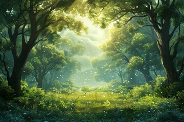 Sunlit Forest Path With Lush Greenery and Flying Insects