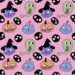 Halloween animals seamless cats and pumpkins pattern for wrapping paper