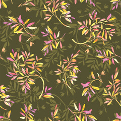 vector, floral, non-directional branch pattern on dark green background. Autumn abstract flowers.