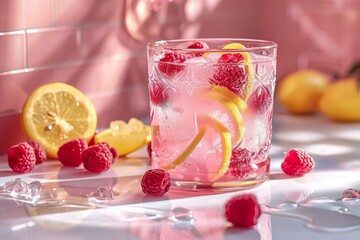 Close-up of sparkling raspberry and lemon drink with mint