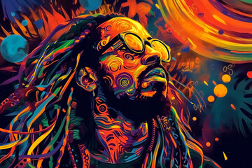 ILLUSTRATION OF FACE OF A MAN WITH GLASSES AND DREADLOCKS. COLORFUL DRAWING. INTERNATIONAL REGGAE DAY.