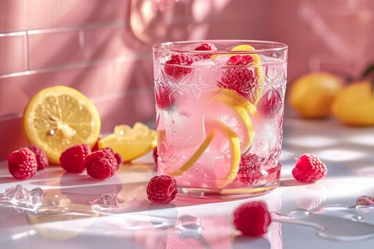 Close-up of sparkling raspberry and lemon drink with mint
