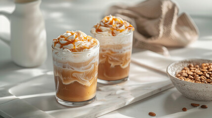 Iced caramel macchiatos topped with whipped cream and caramel drizzle
