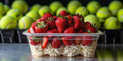 Medium shot of strawberries and cream in an eco container in a person's hand
