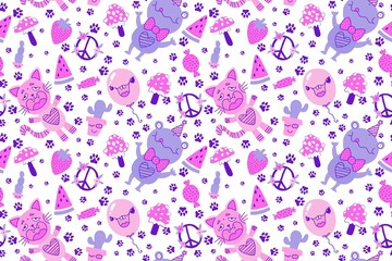 Cartoon birthday animals seamless frogs and cats and strawberry and watermelon