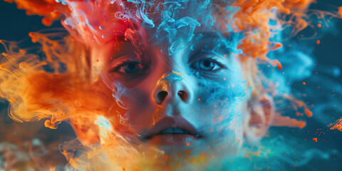 Selective focus on a person coping with the world around them. Autistic theme with exploding colours swirling around