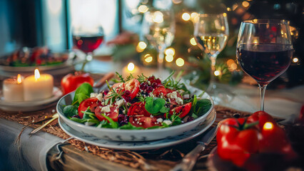 chef cook hands precisely cooking dressing preparing tasty fresh delicious mouthwatering gourmet salad dish.