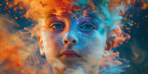 Selective focus on a person coping with the world around them. Autistic theme with exploding colours swirling around