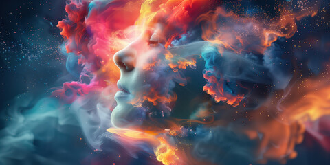 Fototapeta premium Selective focus on a person coping with the world around them. Autistic theme with exploding colours swirling around