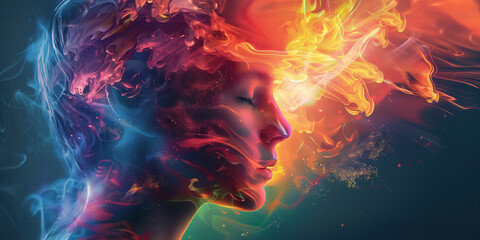 Fototapeta premium Selective focus on a person coping with the world around them. Autistic theme with exploding colours swirling around