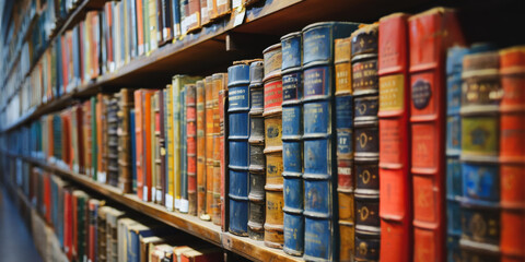 Obraz premium Rows of books on wooden shelves in a library
