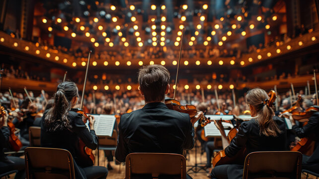  View from behind an orchestra performing in a grand concert hall, with musicians playing string instruments under bright stage lights