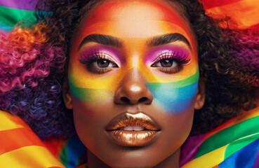 Abstract illustration of a brightly colored woman with bright makeup and flowers in her hair