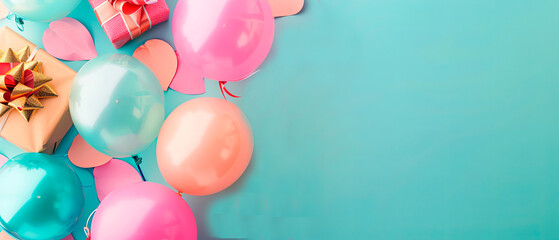 Gift boxes and balloons on a turquoise background. Concept: birthday celebration. Businesses: event planners, gift shops. Relevant for birthdays and parties. Commercial interest in decorations, gifts.