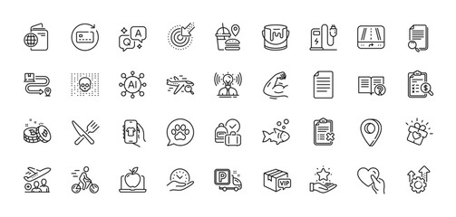 Shop app, Targeting and Seo gear line icons pack. AI, Question and Answer, Map pin icons. Gps, Delivery service, Food web icon. Reject checklist, Pets care, Search flight pictogram. Vector