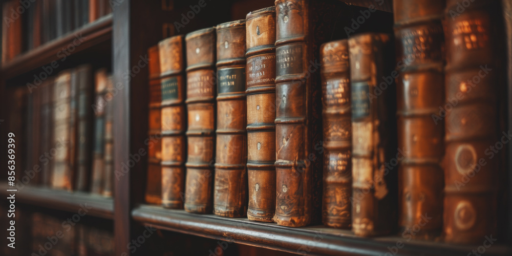 Wall mural A shelf of antique books in a library