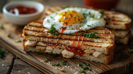 Grilled Chicken and Cheese Sandwiches with Egg and Ketchup on Cutting Board