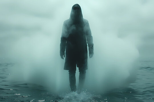 Cloaked in a long hooded coat, a mysterious figure stands silently in the shadowy water, shrouded by thick mist and swirling fog, creating an enigmatic and haunting scene 