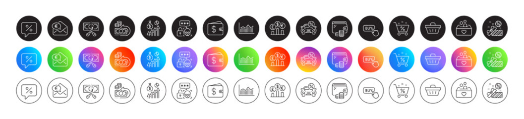 Fototapeta premium Cut tax, Cyber attack and Car leasing line icons. Round icon gradient buttons. Pack of Discount message, Loan percent, Donation icon. Money diagram, Salary, Currency rate pictogram. Vector