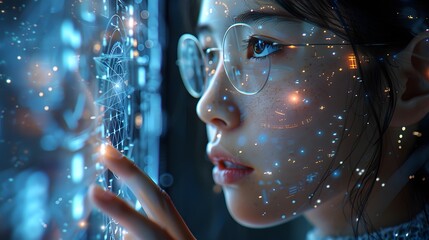 A young woman with glasses interacts with futuristic digital interfaces, reflecting a vision of technology on her face. 