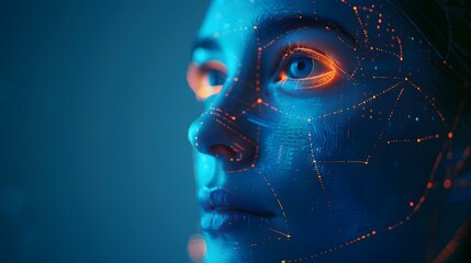 A close-up image of a person with futuristic blue and orange digital face mapping projection