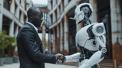 A businessman shaking hands with a humanoid robot in a modern office building setting. 