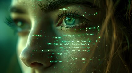 A close-up of a woman's face with digital code reflected in her eye, representing a concept of future technology and cyber-space. 