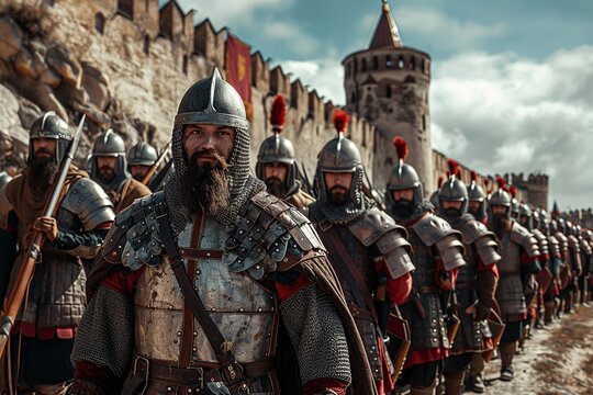 ransport yourself to the Middle Ages with a captivating image of the Russian army, featuring soldiers adorned in authentic medieval armor and wielding traditional weaponry