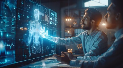 Two professionals are analyzing a holographic display of a human figure in a futuristic setting. 