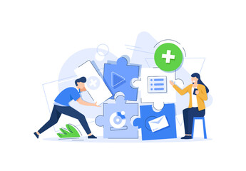 Enhance Teamwork Landing Page Template,Office People Work Together Connect Huge Colorful Separated Puzzle Pieces, Businesspeople Coworking