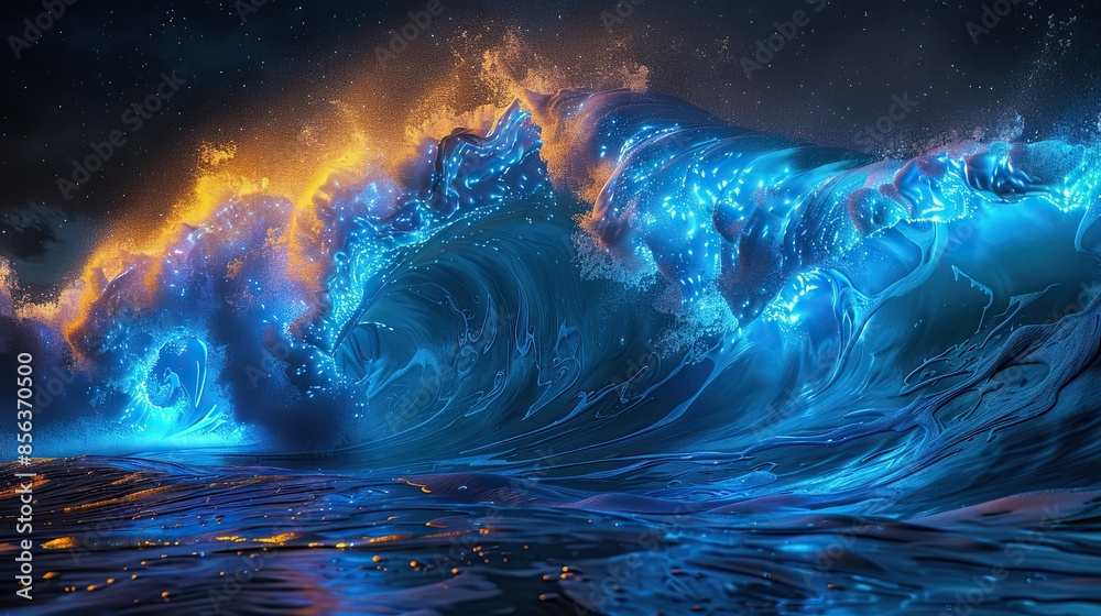Wall mural macro photograph of bioluminescence in a wave with marine life in the style of Bioart - Wall murals