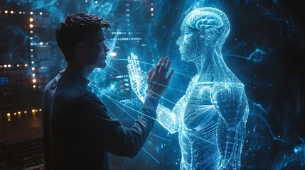 A man interacts with a futuristic holographic display of human anatomy in a dimly lit room, illuminated by neon blue light.