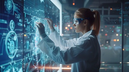 A woman interacts with a futuristic holographic interface displaying various data and graphics in a high-tech environment 