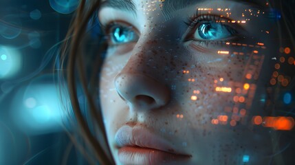 A close-up image of a woman's face with blue eyes and digital data overlay reflecting on her skin, symbolizing futuristic technology and artificial intelligence 