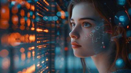 A young woman with futuristic digital graphics overlaying her face suggesting advanced technology and data analysis, available for licensing at 